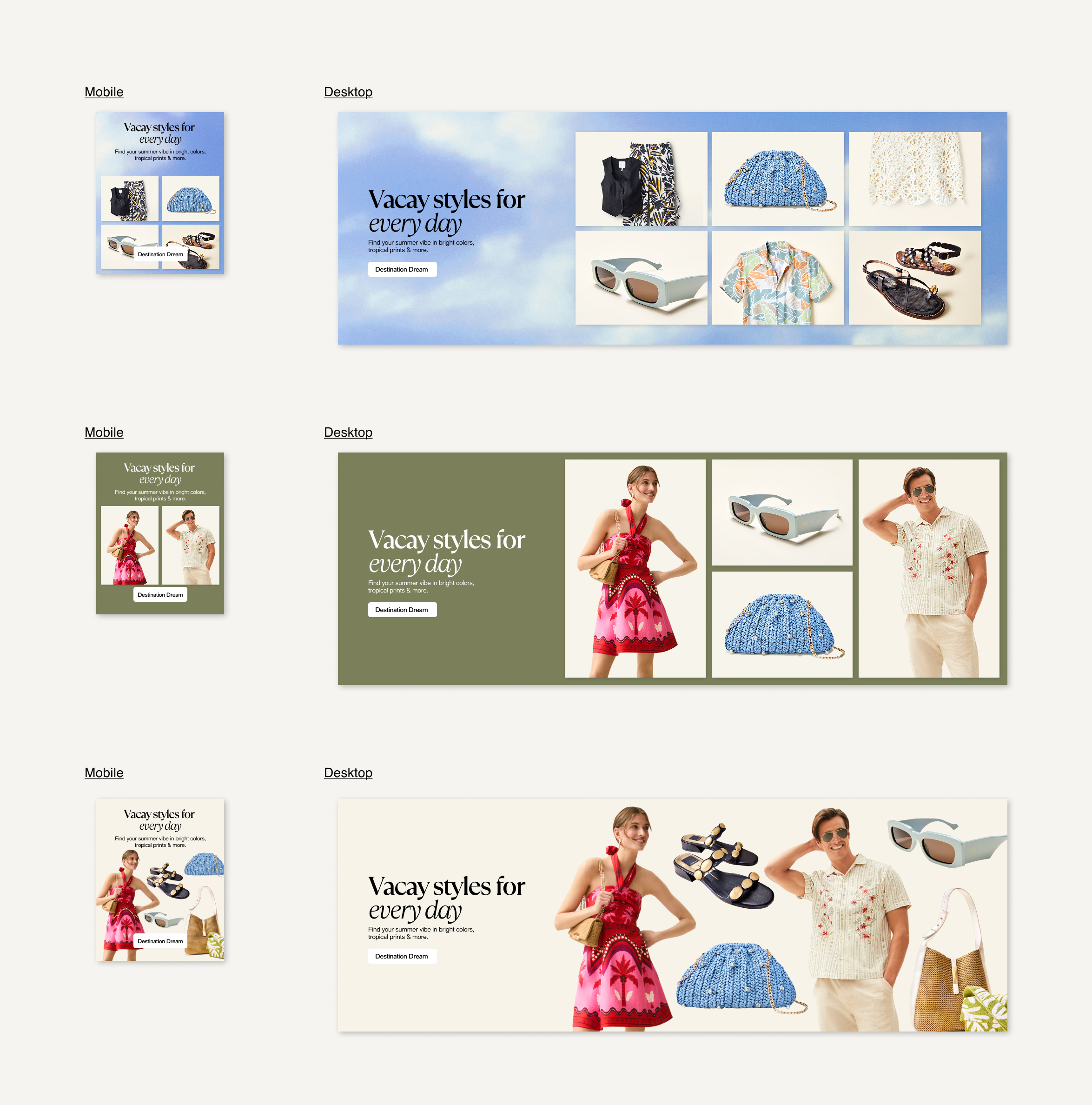 Vacay V1 exploration — product-forward cut-out grids