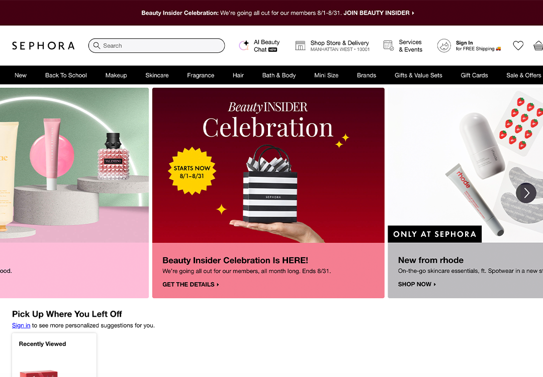 Sephora homepage carousel